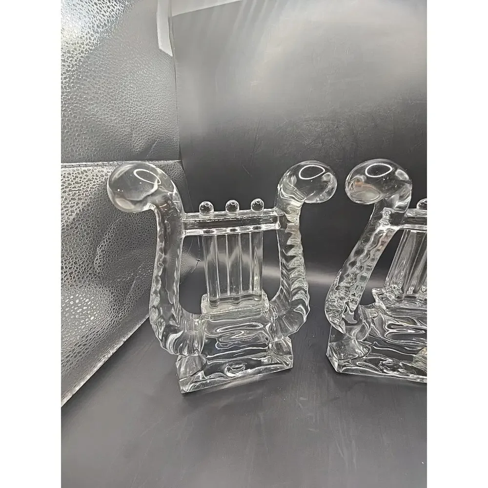 1940s Vintage FOSTORIA Glass LYRE HARP Crystal Bookends - MINT